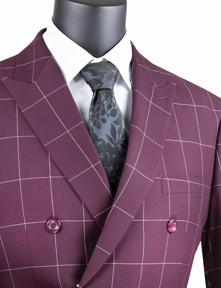 Sophistichic Collection: Wine 2 Piece Windowpane Double Breasted Modern Fit Suit