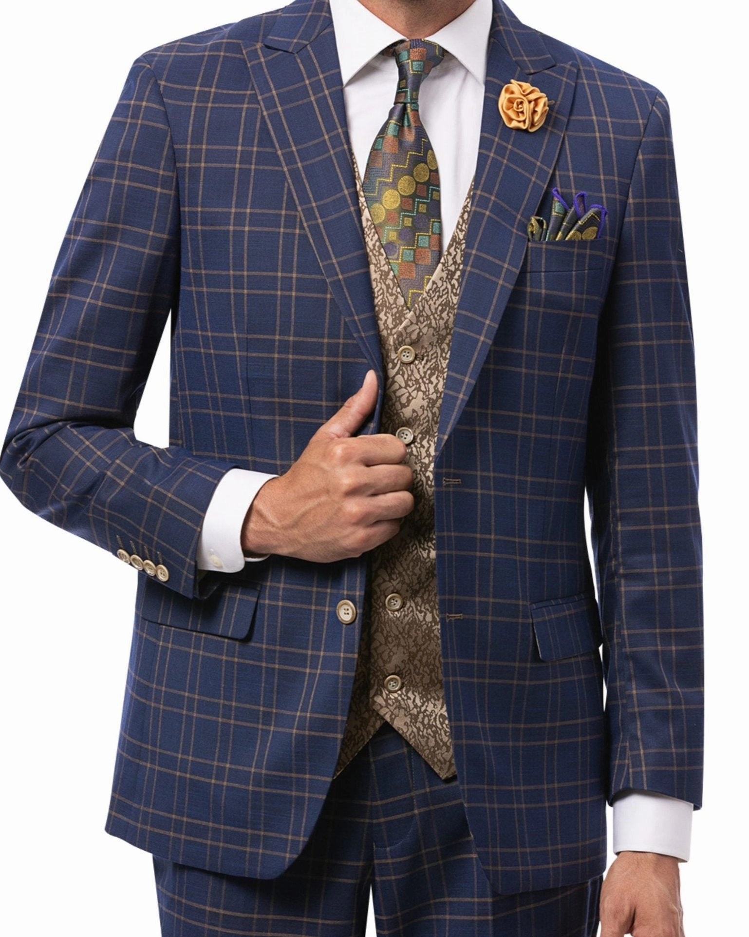 Stately Blue Plaid Single-Breasted 3-Piece Suit with Fancy Vest