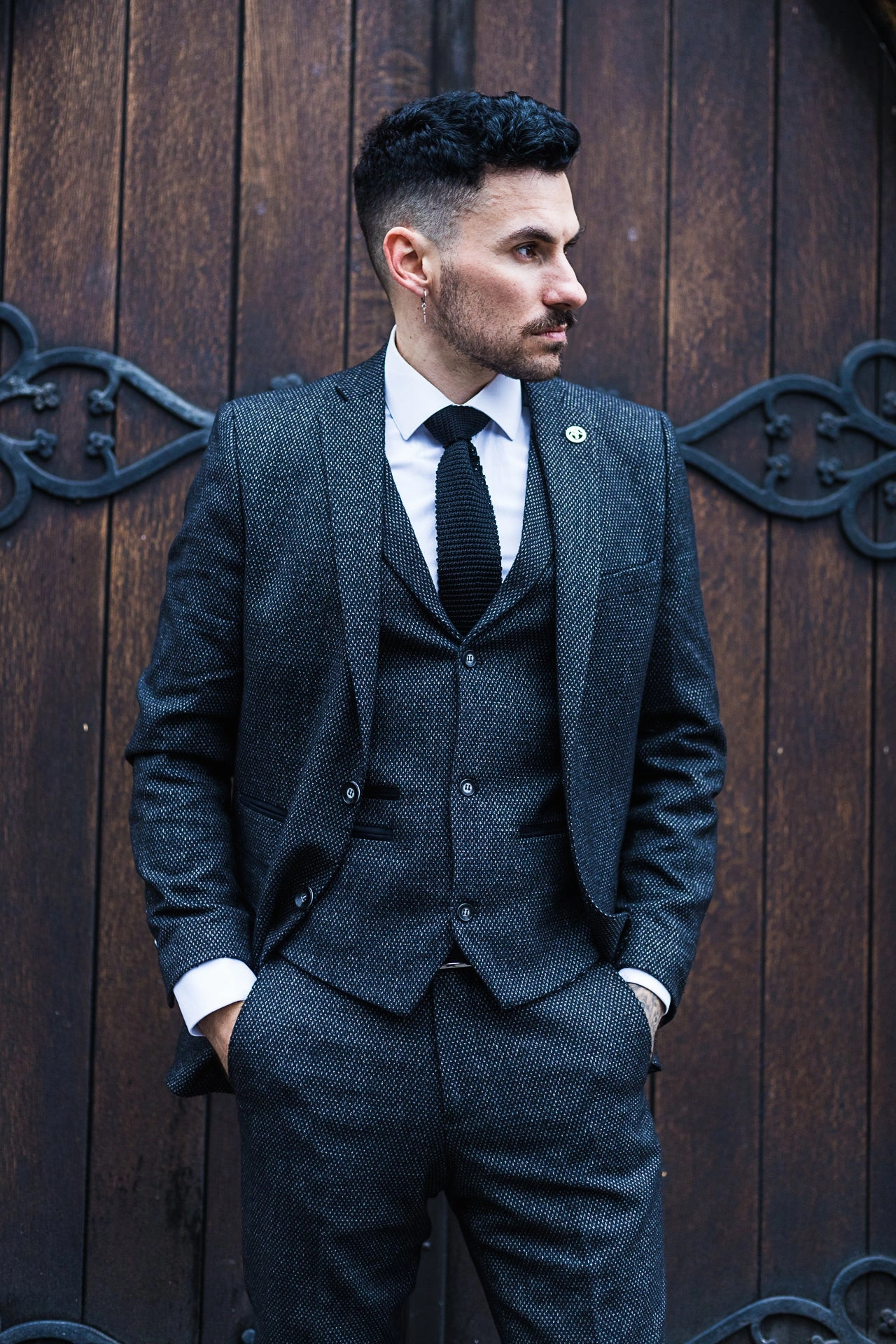 STZ14 Black Wool 3 Piece Suit Tweed
