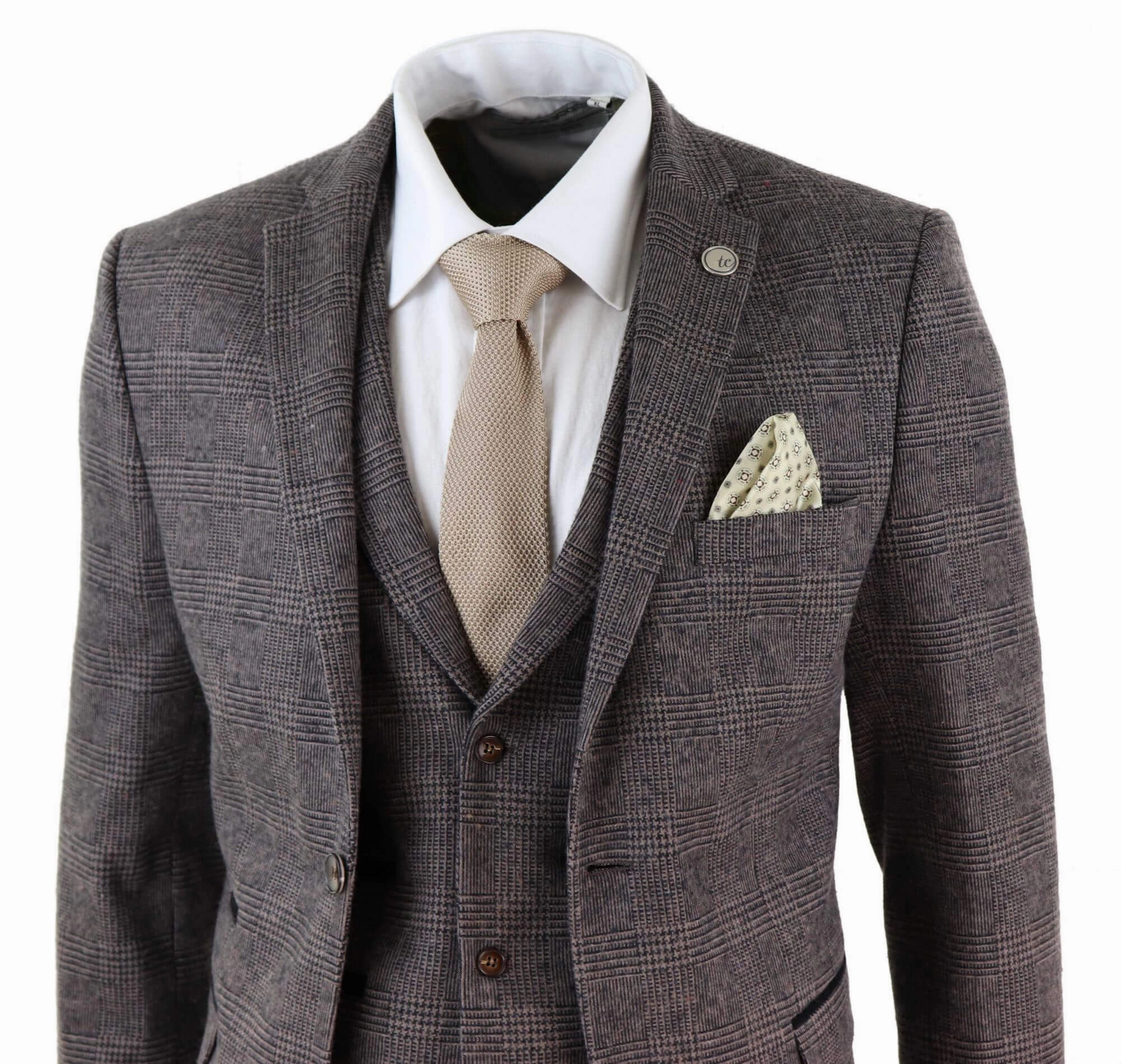 STZ17 Wool 3 Piece Check Suit Tweed Brown
