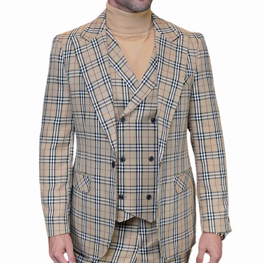 Tan 3-Piece Plaid Modern Fit Suit