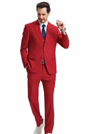 TempTrends Collection: 3 Piece Solid Slim Fit Suit For Men In Red