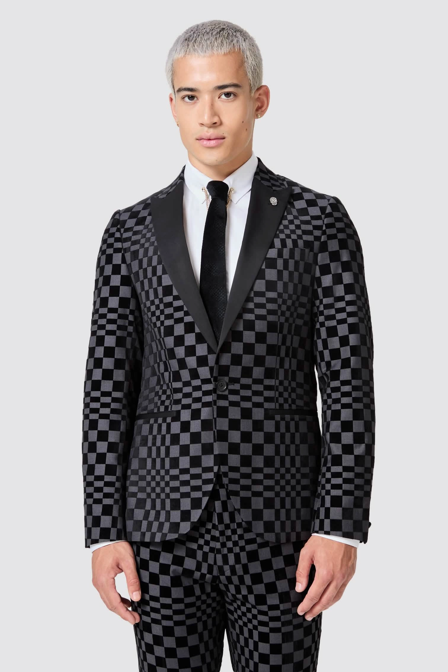 Tiber Skinny Fit Grey Check Tuxedo Suit - ARCHIVE