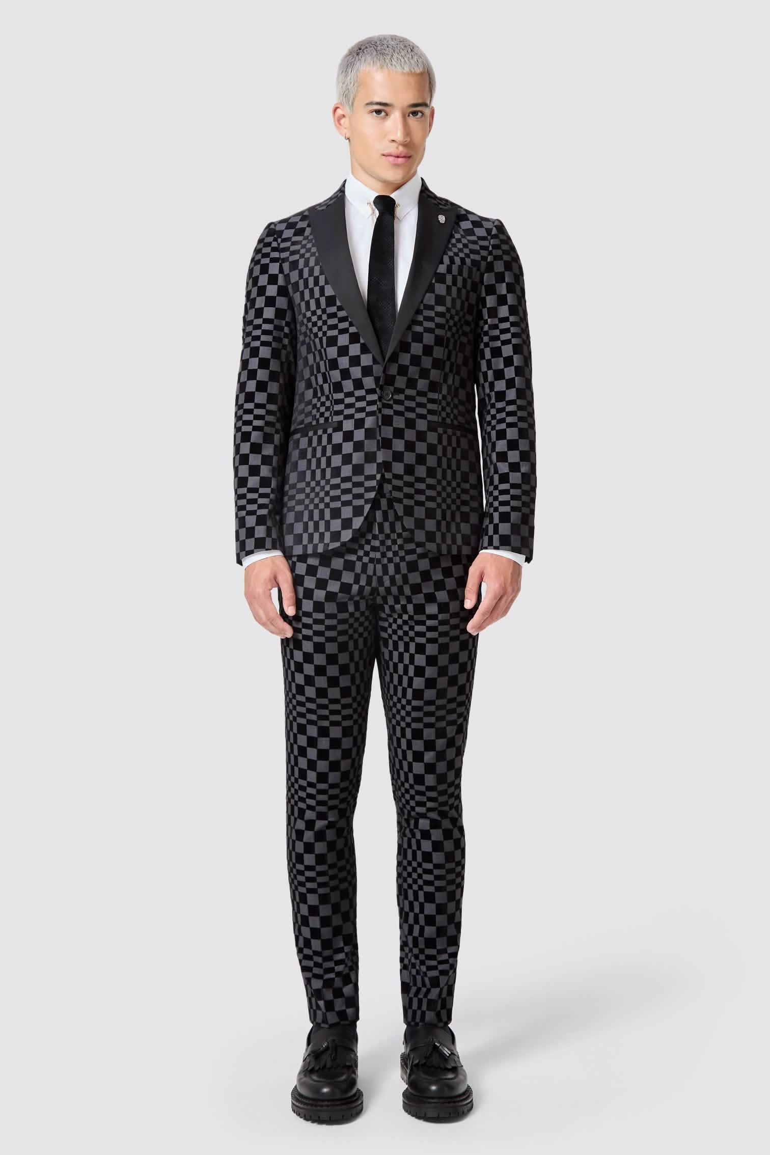 Tiber Skinny Fit Grey Check Tuxedo Suit - ARCHIVE
