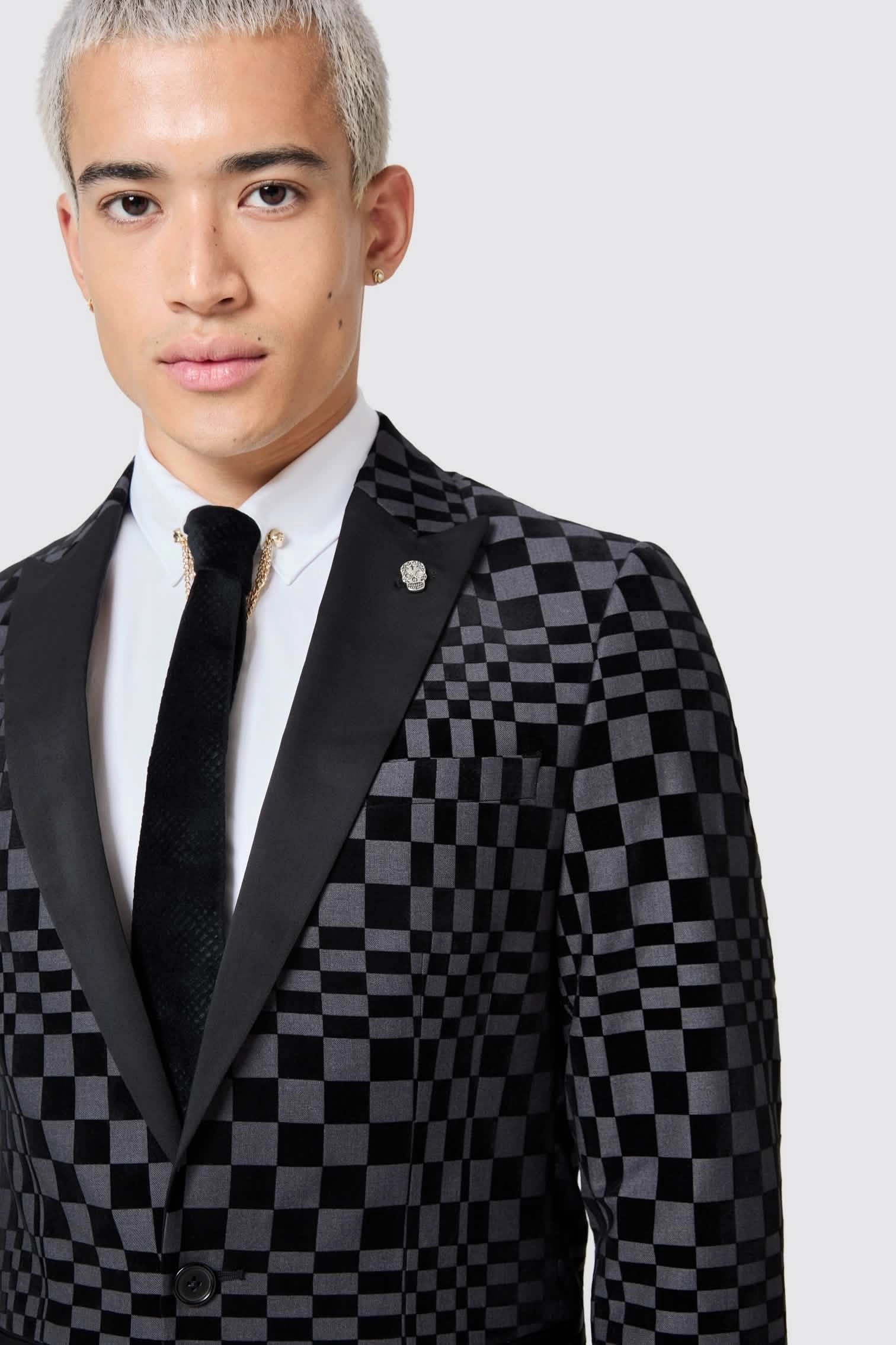 Tiber Skinny Fit Grey Check Tuxedo Suit - ARCHIVE