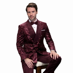 Trendish Collection: Burgundy 2-Piece Double Breasted Velvet Shawl Lapel Tuxedo