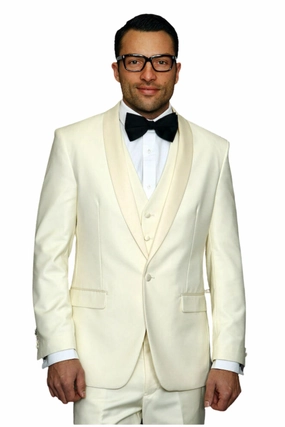 Trendito Collection: Off-White 3PC Shawl Lapel Tuxedo 100% Wool Tailored Fit