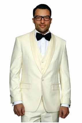 Trendito Collection: Off-White 3PC Shawl Lapel Tuxedo 100% Wool Tailored Fit