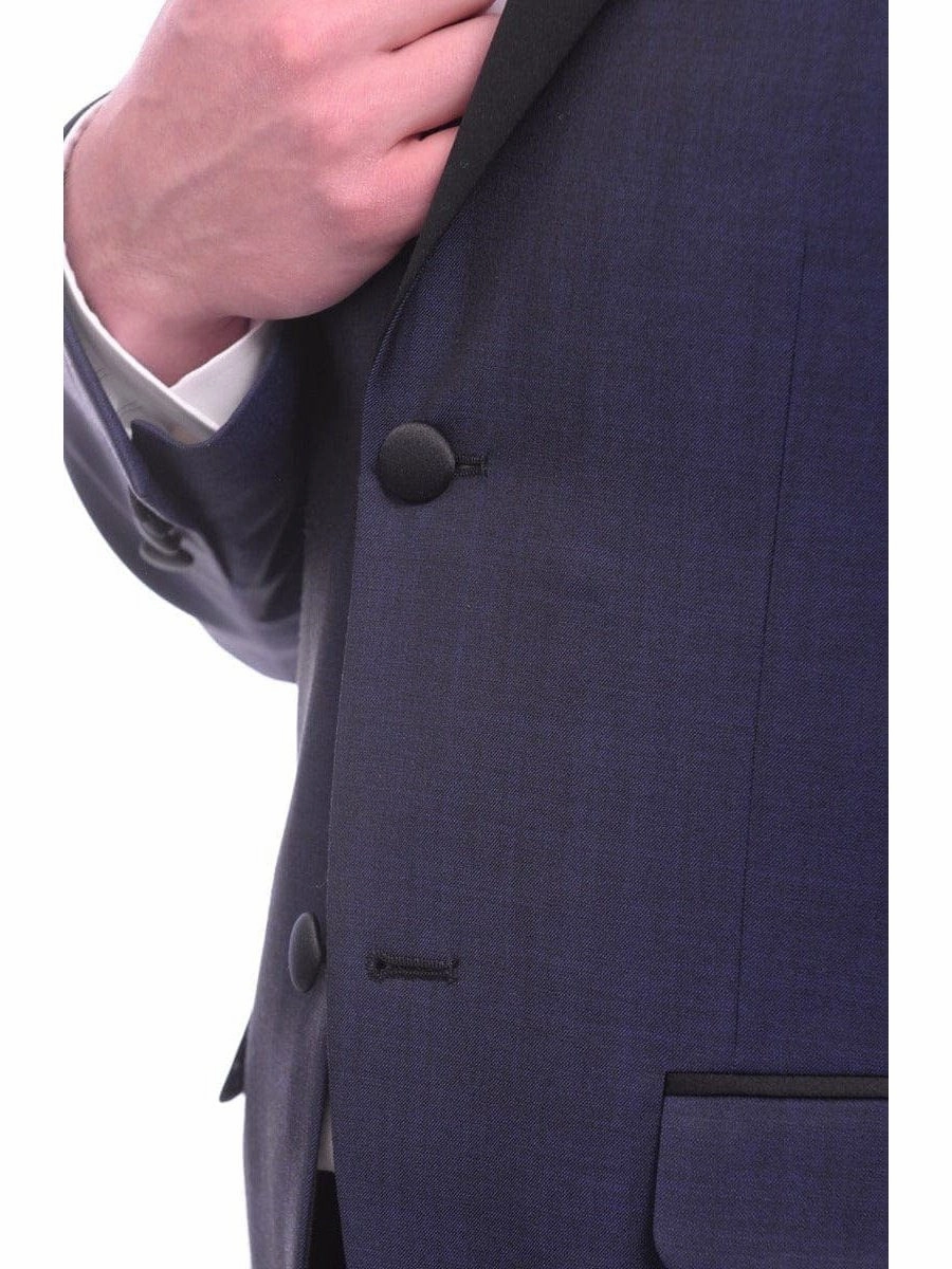 Unique Slim Fit Midnight Blue Subtle Sheen Wool Tuxedo Suit Satin Peak Lapels