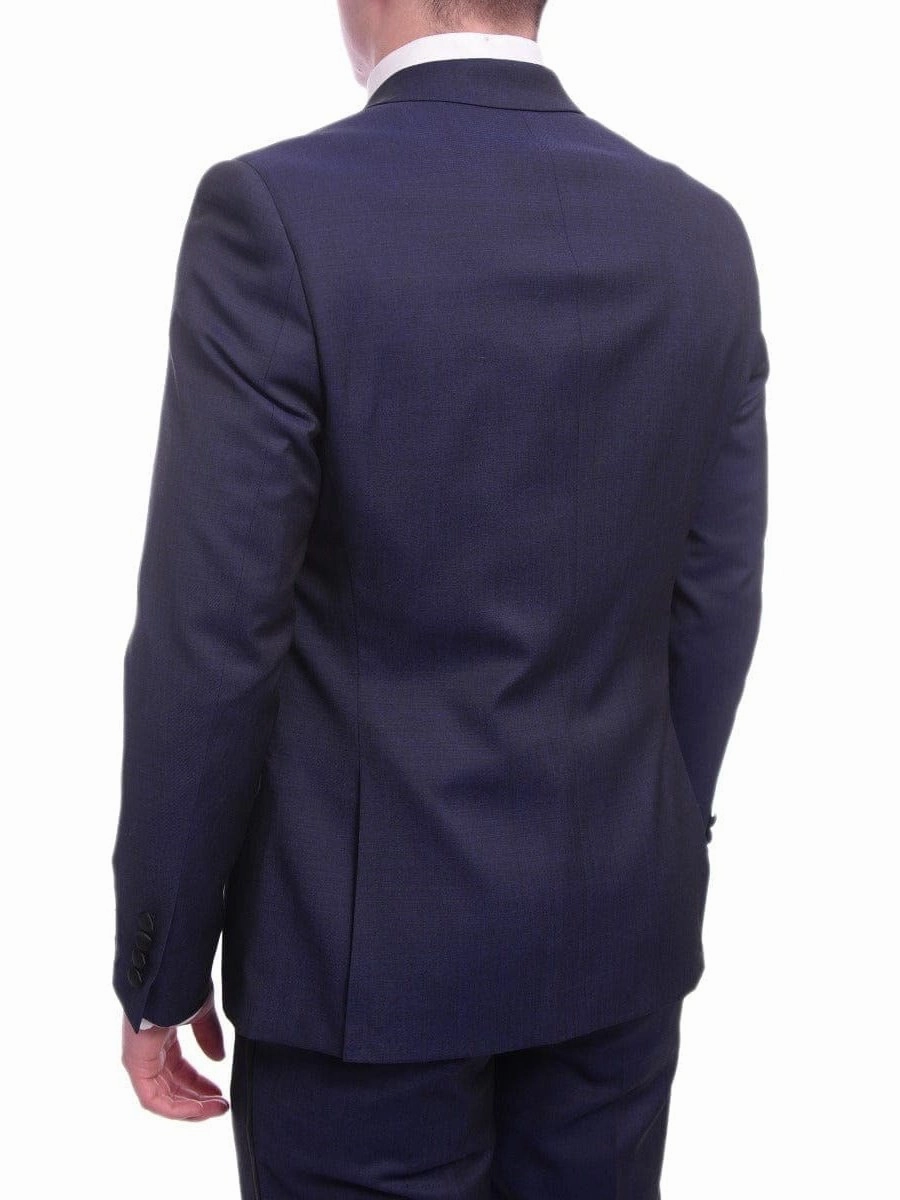 Unique Slim Fit Midnight Blue Subtle Sheen Wool Tuxedo Suit Satin Peak Lapels