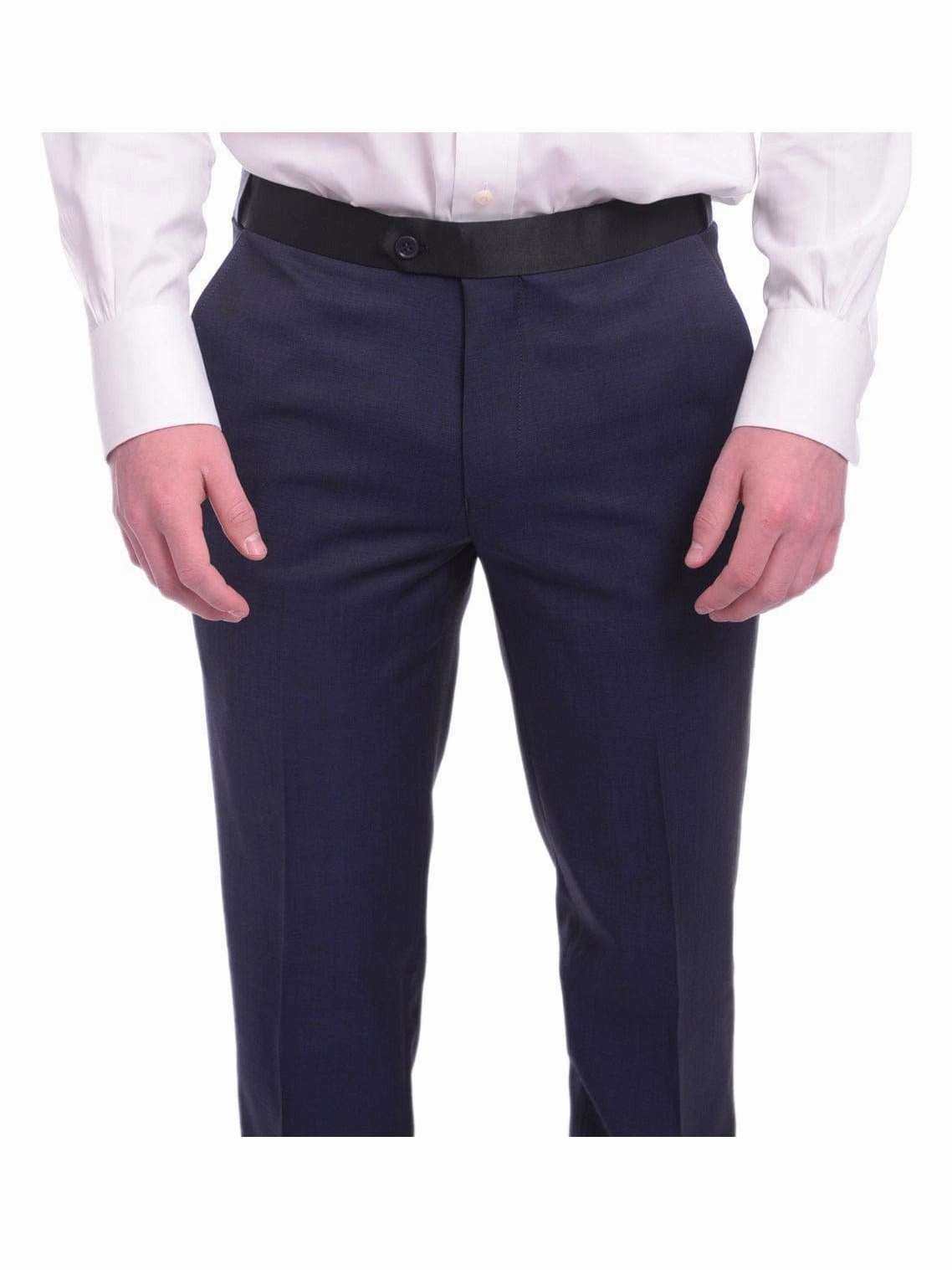 Unique Slim Fit Midnight Blue Subtle Sheen Wool Tuxedo Suit Satin Peak Lapels