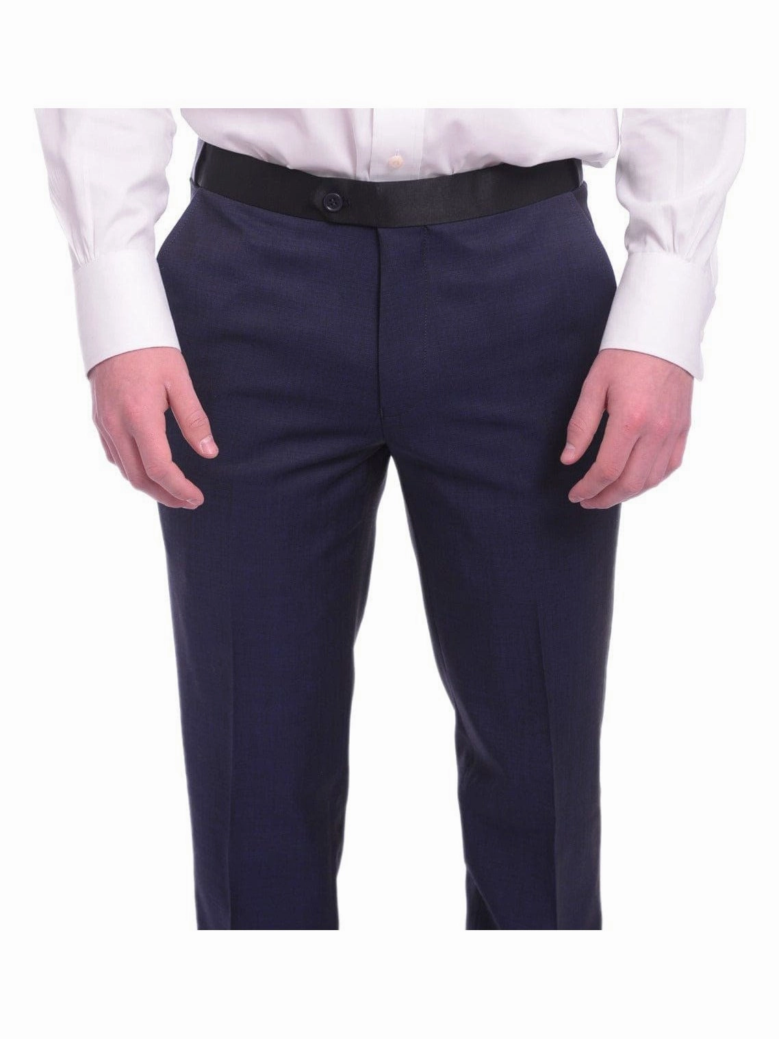 Unique Slim Fit Midnight Blue Subtle Sheen Wool Tuxedo Suit Satin Peak Lapels