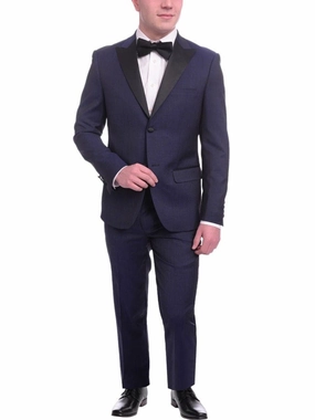 Unique Slim Fit Midnight Blue Subtle Sheen Wool Tuxedo Suit Satin Peak Lapels