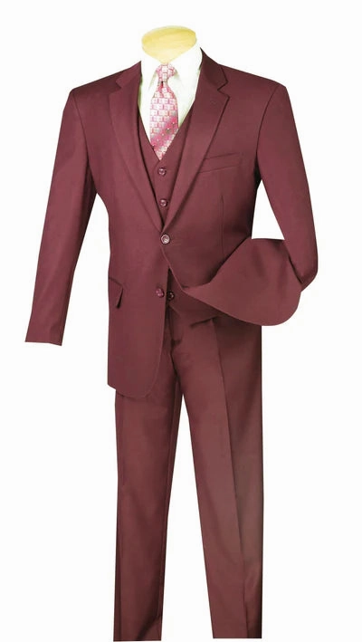 Urbano Collection: Maroon 3 Piece Solid Color Single Breasted Regular Fit Suit