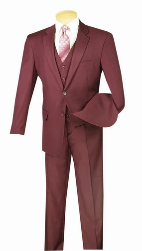 Urbano Collection: Maroon 3 Piece Solid Color Single Breasted Regular Fit Suit