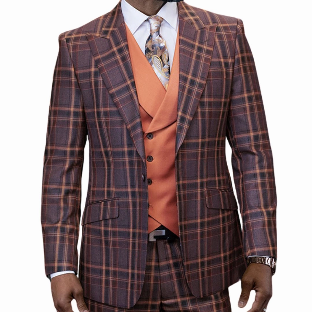 Vallario Collection: Copper 3-Piece Modern Fit Plaid Suit