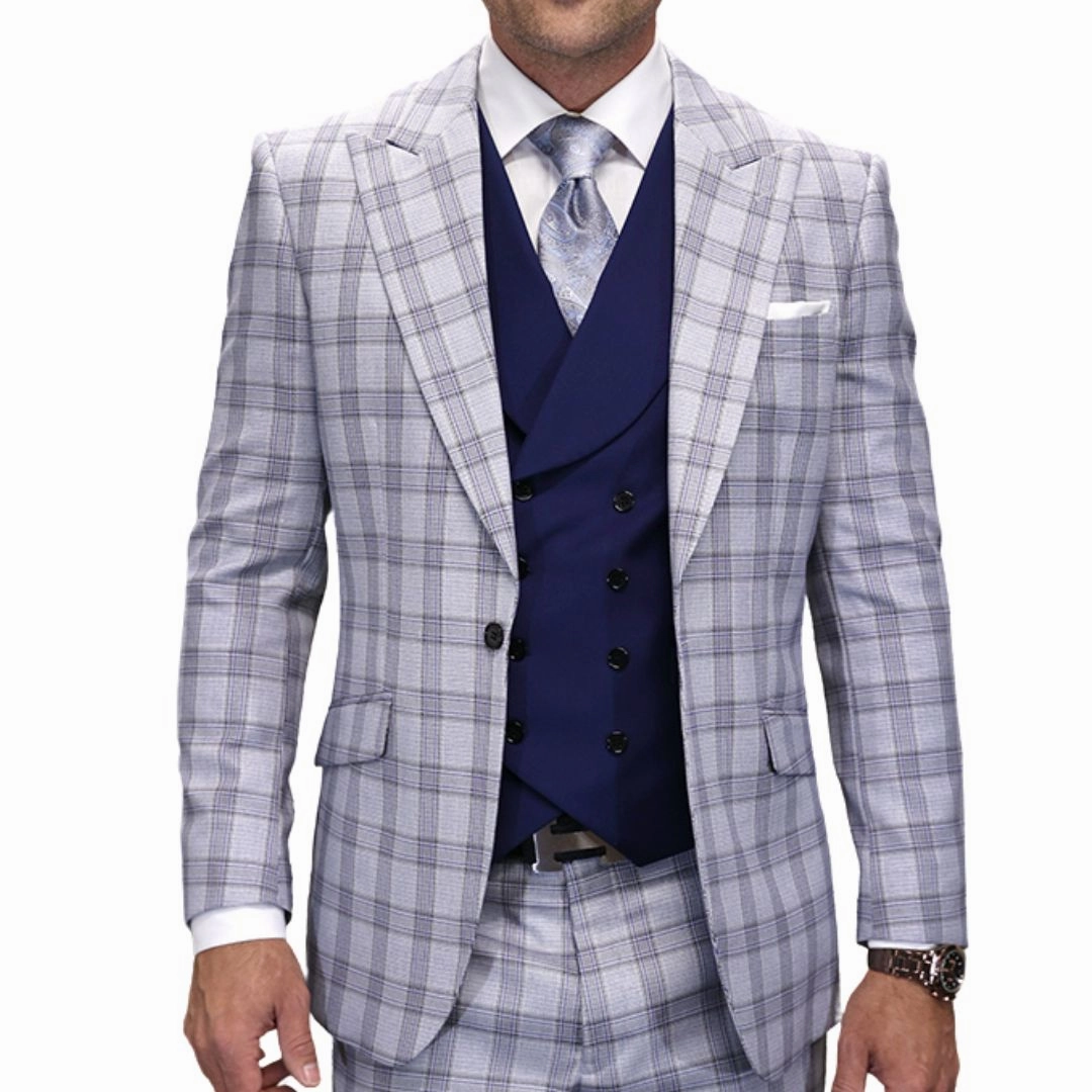 Vega Collection: Grey 3-Piece Plaid Modern Fit Suit