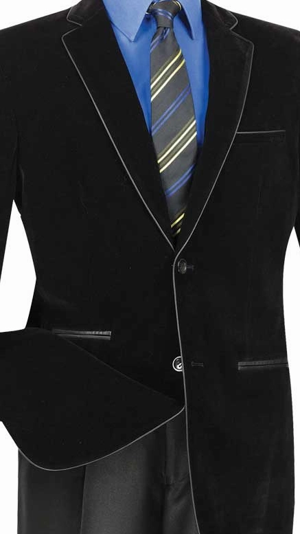 Velourfy Collection: Black Velvet with Faux Leather Trim Single Breasted Slim Fit Blazer