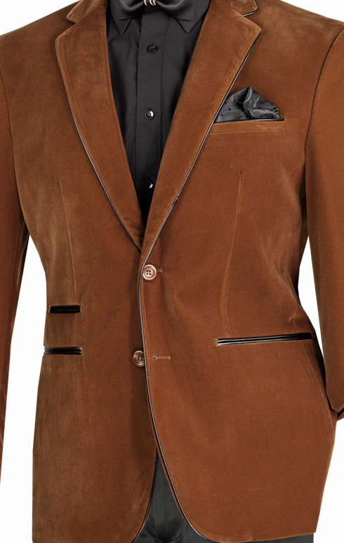 Velourfy Collection: Bourbon Velvet with Faux Leather Trim Single Breasted Slim Fit Blazer