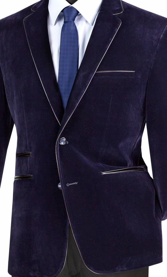 Velourfy Collection: Navy Velvet with Faux Leather Trim Single Breasted Slim Fit Blazer