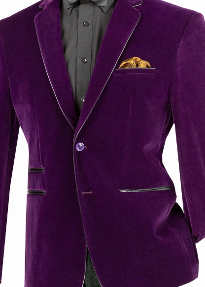 Velourfy Collection: Purple Velvet with Faux Leather Trim Single Breasted Slim Fit Blazer