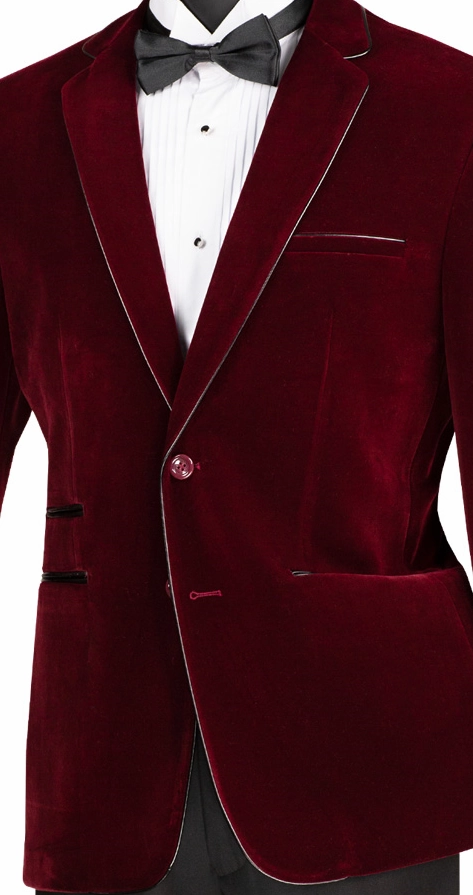 Velourfy Collection: Wine Velvet with Faux Leather Trim Single Breasted Slim Fit Blazer