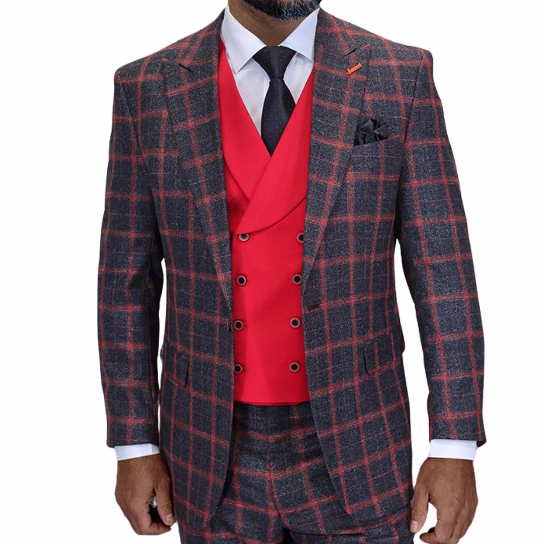 Veyron Collection: Statement Black-Red 3-Piece Modern Fit Suit