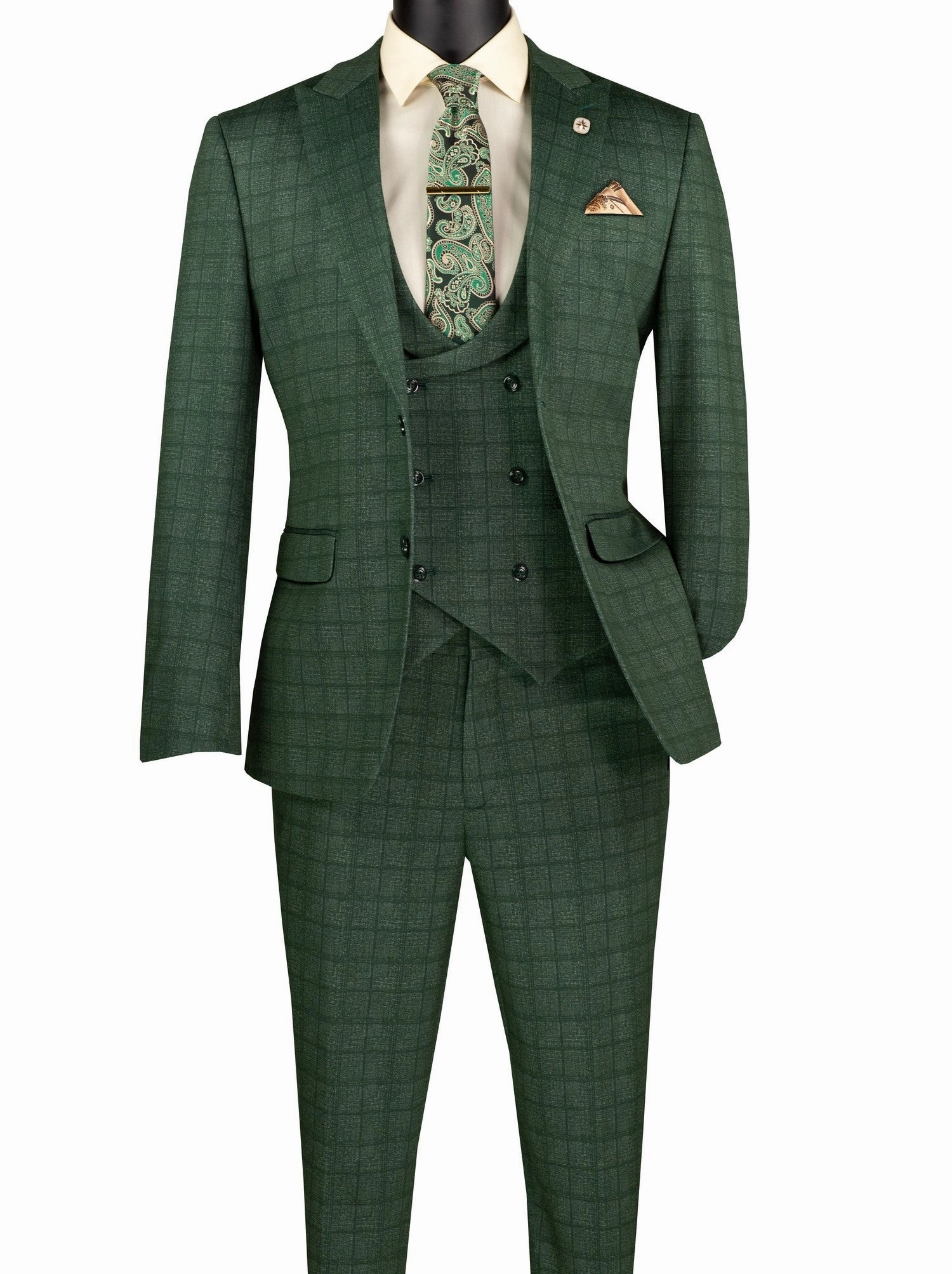 Vintique Collection: Glen Plaid Slim Fit Suit with Peak Lapel in Green