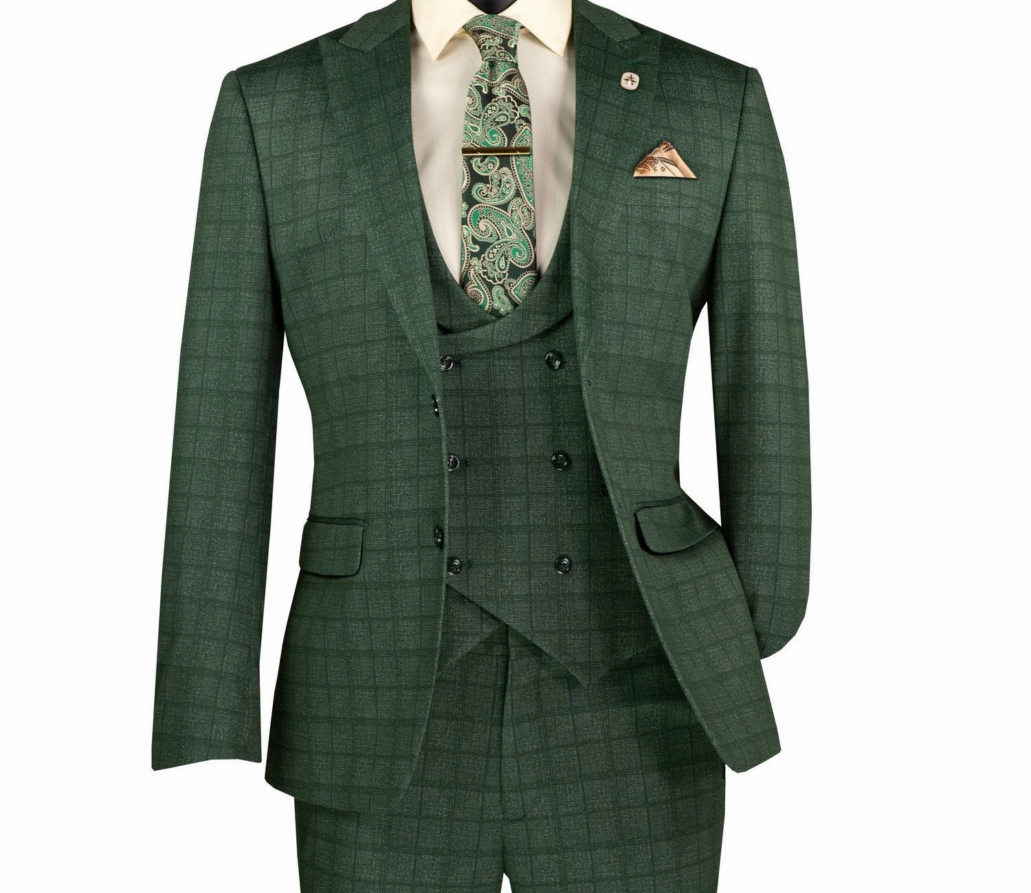 Vintique Collection: Glen Plaid Slim Fit Suit with Peak Lapel in Green