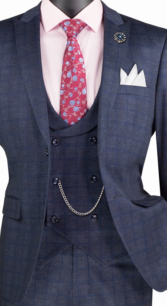 Vintique Collection: Glen Plaid Slim Fit Suit with Peak Lapel in Navy