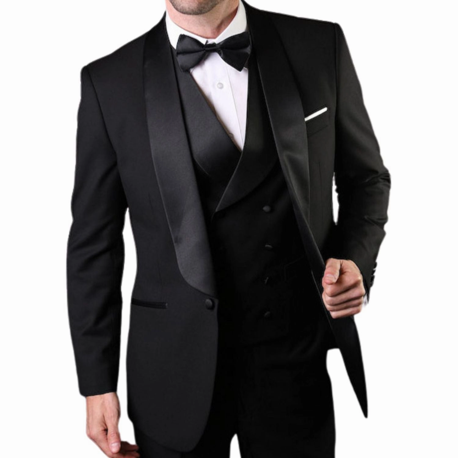 Volans Collection: Black Tailored Fit Shawl Lapel 3-PC Tuxedo