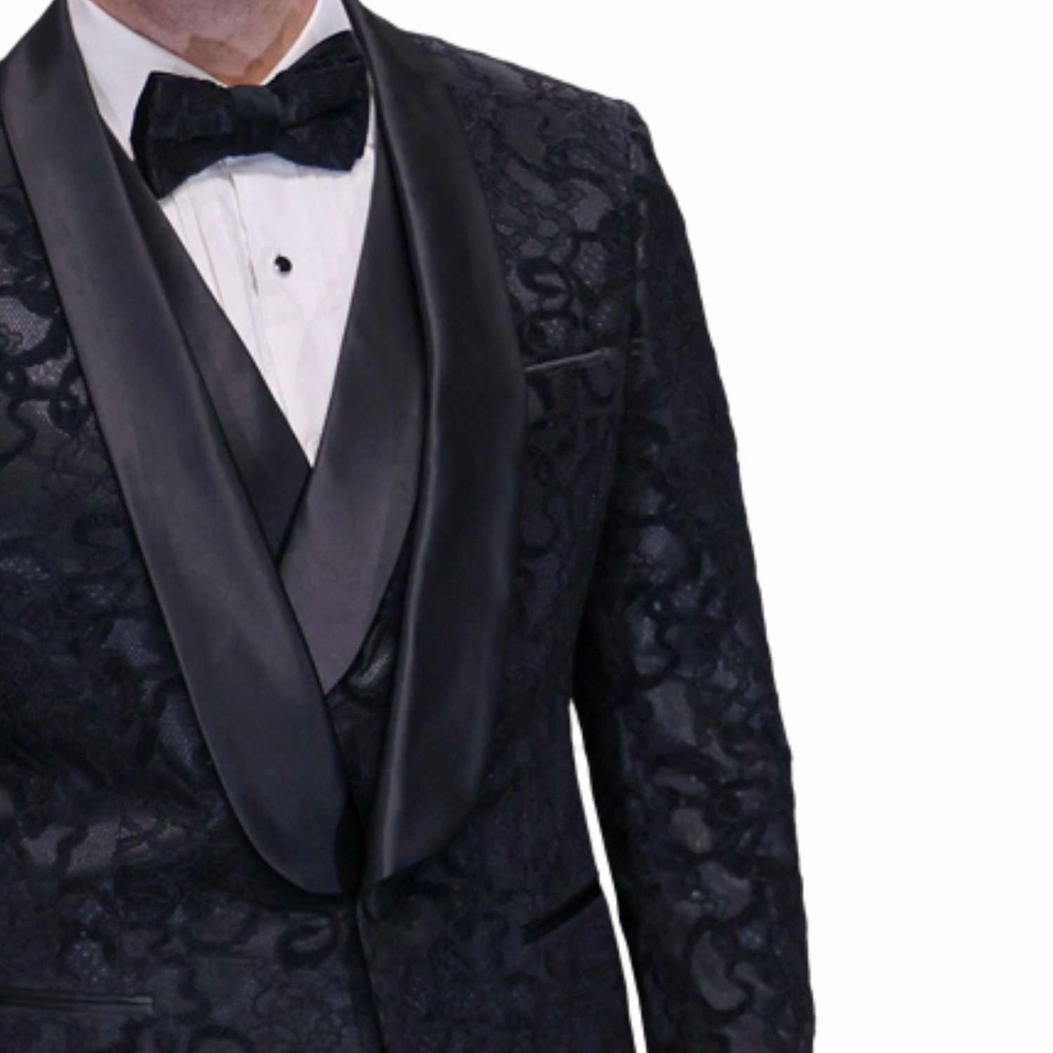 Westerlund Collection: 3-Piece Black Lace Tuxedo with Satin Shawl Lapel & Satin Trim
