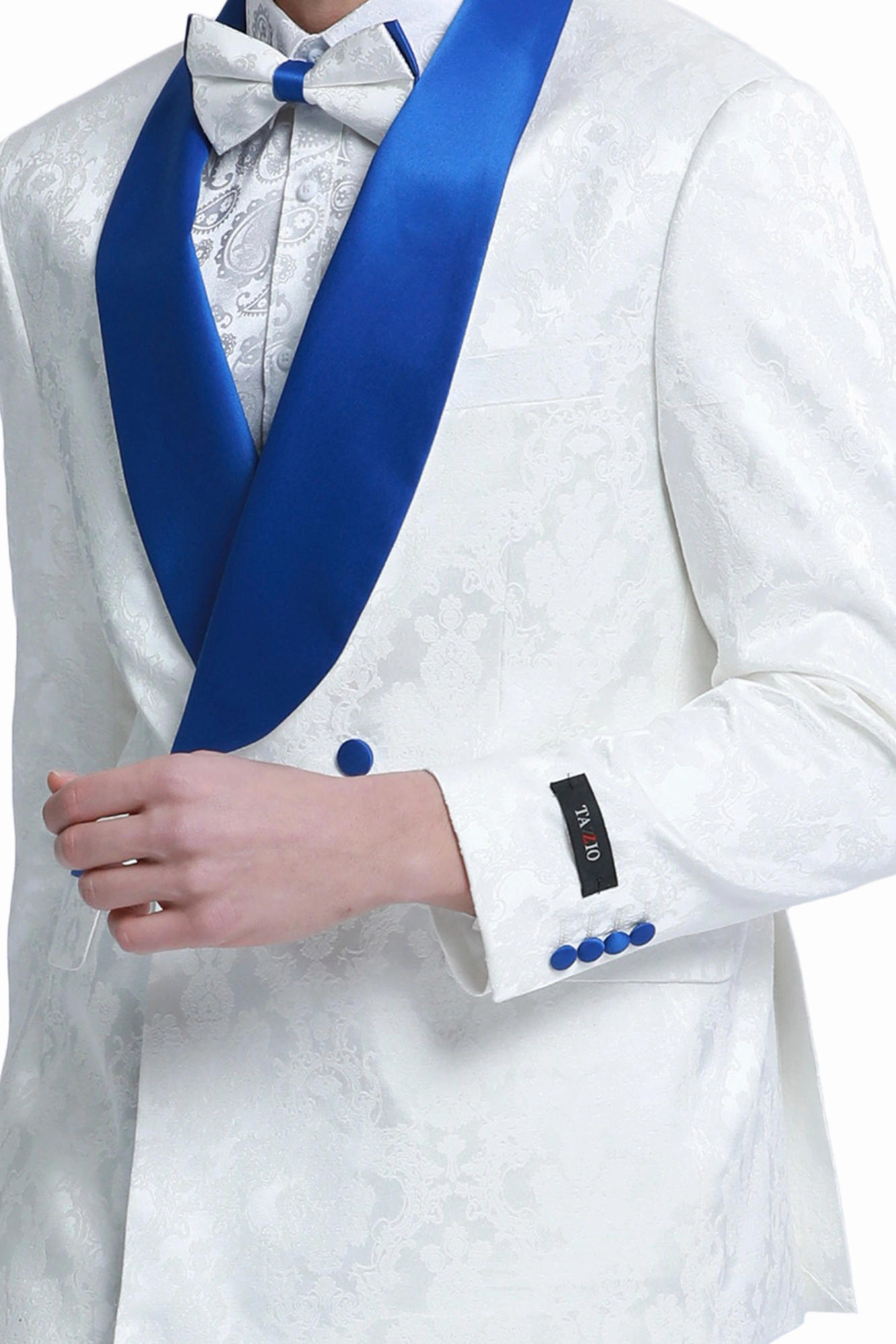 Whisper Collection: Men's 2-Piece Paisley Suit In White/Royal - Slim Fit