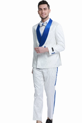 Whisper Collection: Men's 2-Piece Paisley Suit In White/Royal - Slim Fit
