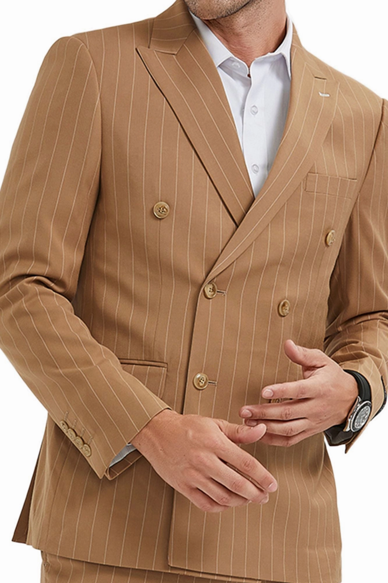 Windwalker Collection: 2-Piece Pin Stripe Slim Fit Suit For Men In Camel