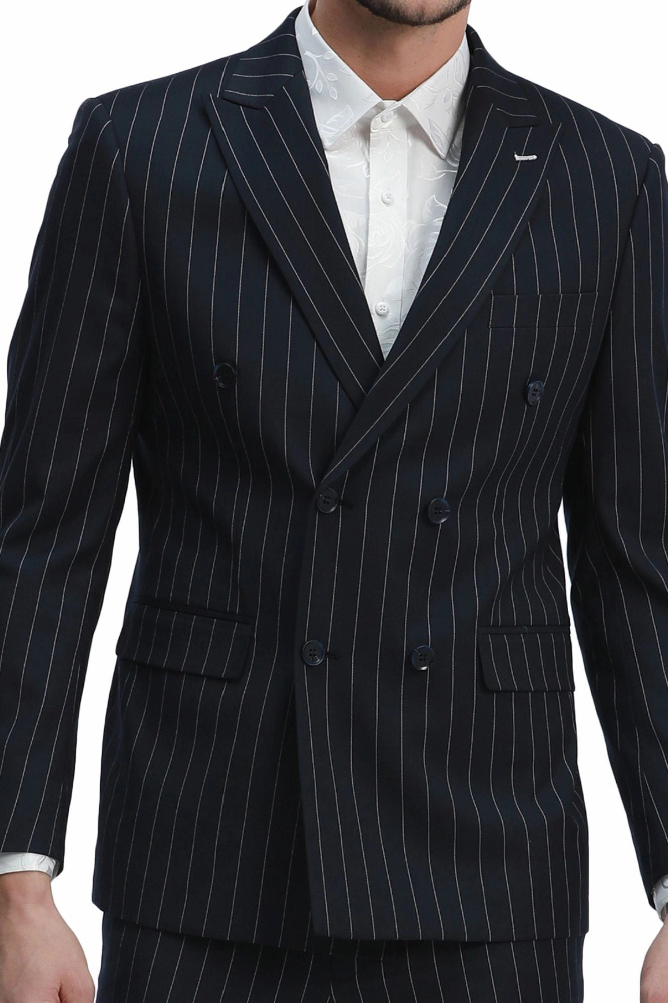 Windwalker Collection: 2-Piece Pin Stripe Slim Fit Suit For Men In Navy