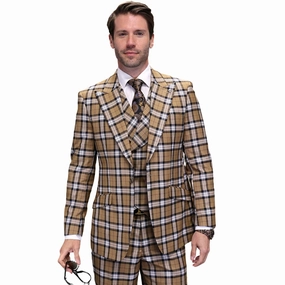 Zephiron Collection: Tan 3-Piece Plaid Modern Fit Suit