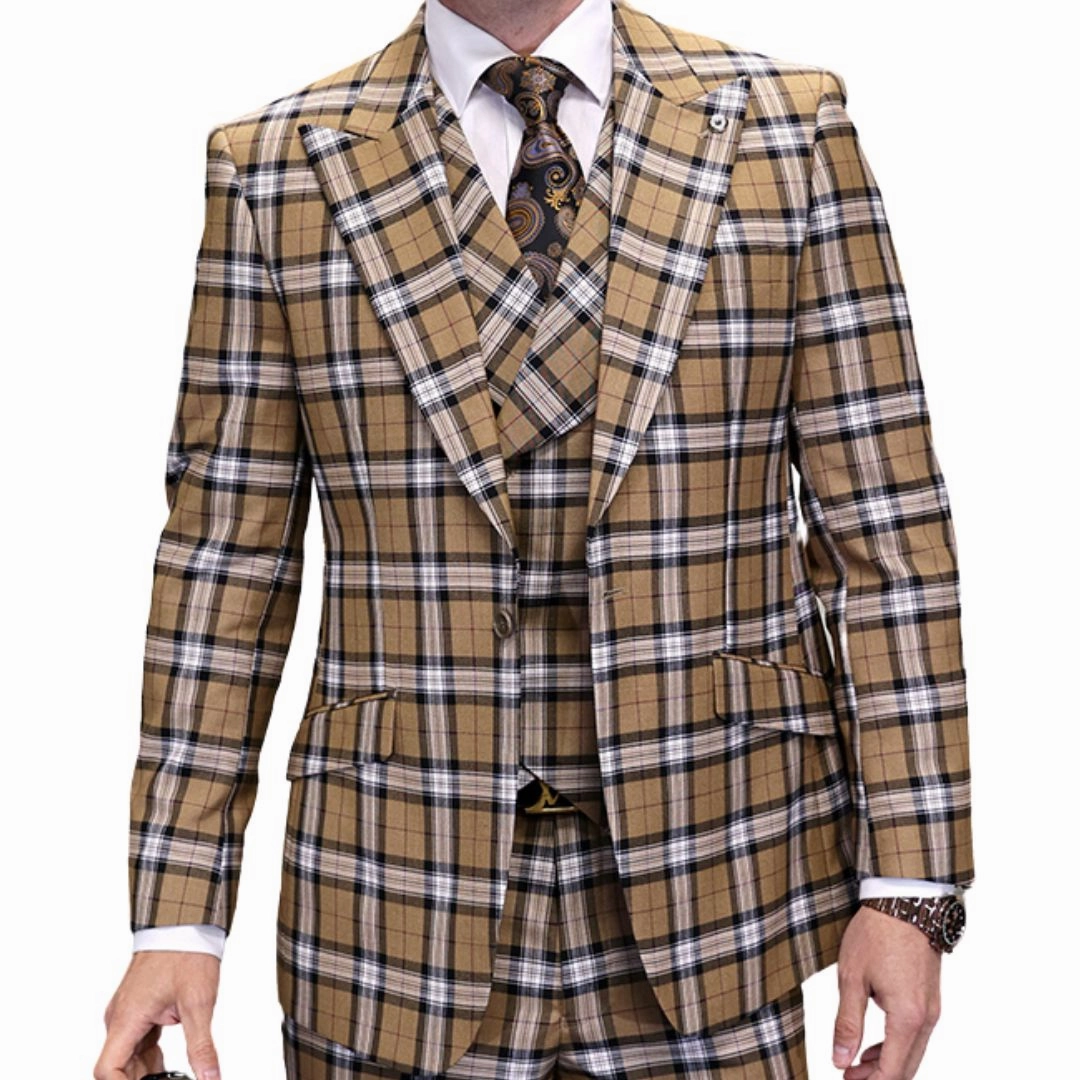 Zephiron Collection: Tan 3-Piece Plaid Modern Fit Suit