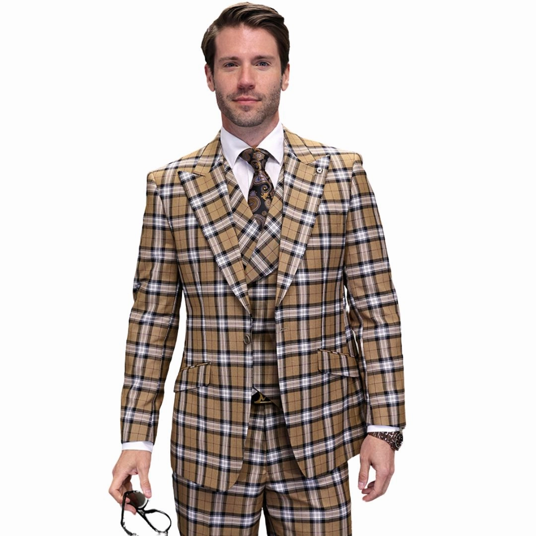 Zephiron Collection: Tan 3-Piece Plaid Modern Fit Suit