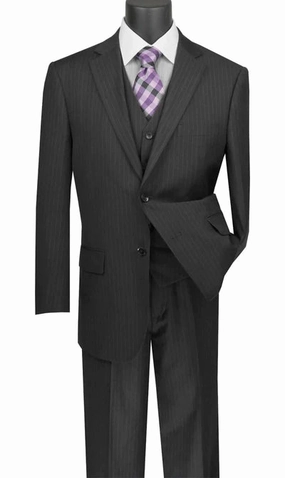 Zeus Zenith Collection: Black 3 Piece Tone-on-Tone Pinstriped Single Breasted Regular Fit Suit