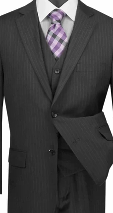 Zeus Zenith Collection: Black 3 Piece Tone-on-Tone Pinstriped Single Breasted Regular Fit Suit