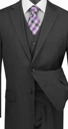 Zeus Zenith Collection: Black 3 Piece Tone-on-Tone Pinstriped Single Breasted Regular Fit Suit
