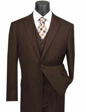 Zeus Zenith Collection: Brown 3 Piece Tone-on-Tone Pinstriped Single Breasted Regular Fit Suit