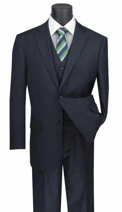 Zeus Zenith Collection: Navy 3 Piece Tone-on-Tone Pinstriped Single Breasted Regular Fit Suit
