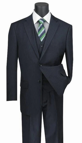 Zeus Zenith Collection: Navy 3 Piece Tone-on-Tone Pinstriped Single Breasted Regular Fit Suit