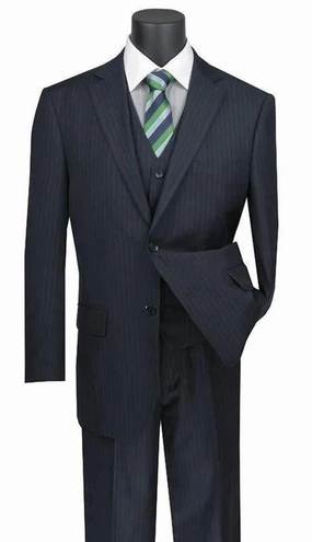 Zeus Zenith Collection: Navy 3 Piece Tone-on-Tone Pinstriped Single Breasted Regular Fit Suit