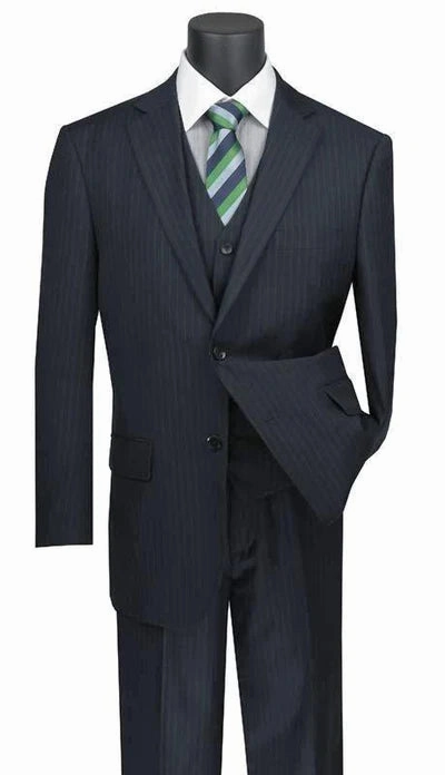 Zeus Zenith Collection: Navy 3 Piece Tone-on-Tone Pinstriped Single Breasted Regular Fit Suit